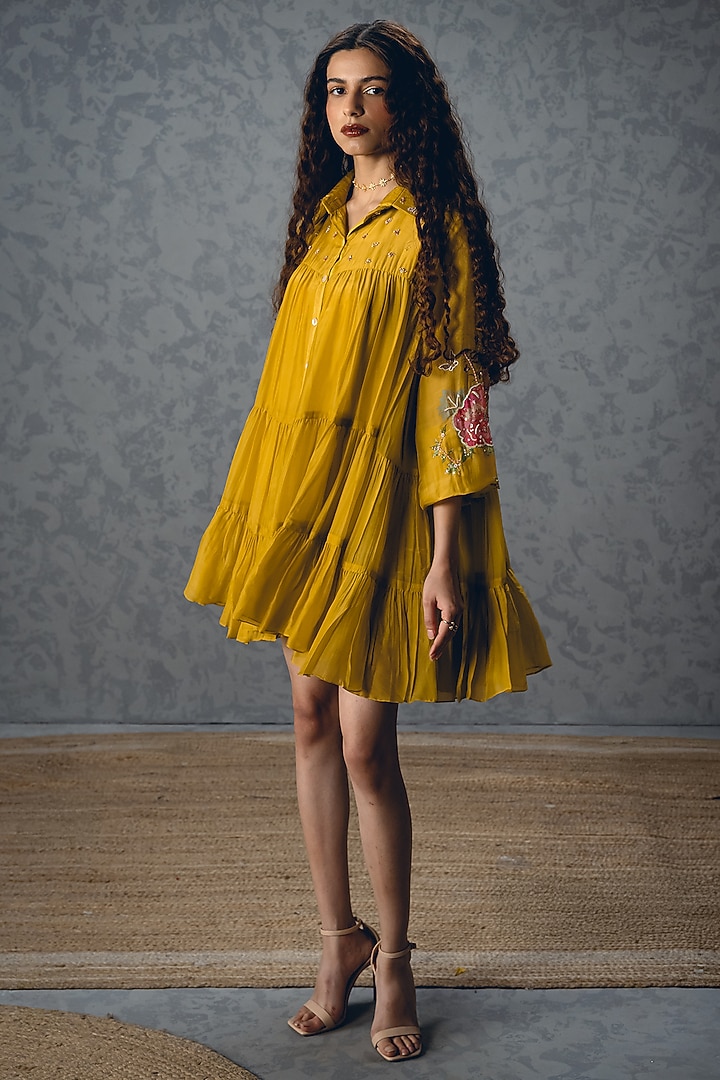 Mustard Yellow Silk Organza Printed Mini Vacation Dress by Paulmi & Harsh at Pernia's Pop Up Shop
