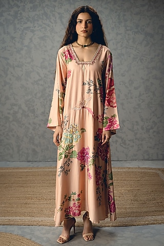Pink Modal Silk Printed Kaftan Dress by Paulmi & Harsh