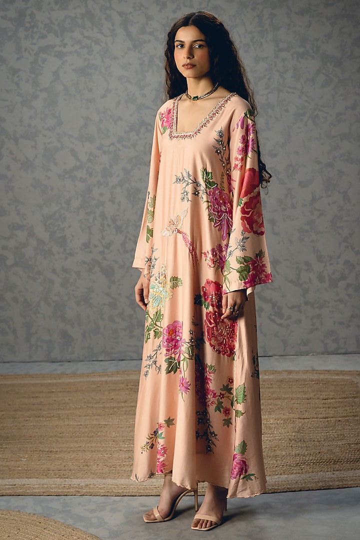 Pink Modal Silk Printed Kaftan Vacation Dress by Paulmi & Harsh at Pernia's Pop Up Shop