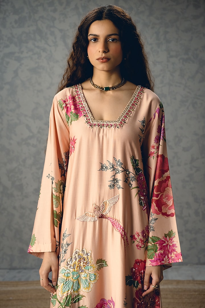 Pink Modal Silk Printed Kaftan Vacation Dress by Paulmi & Harsh at Pernia's Pop Up Shop