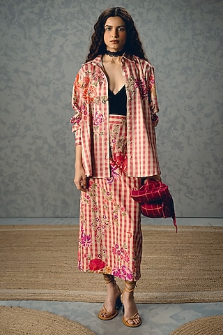 Pink Poplin Printed Skirt Set by Paulmi & Harsh