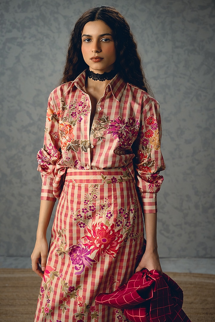 Pink Poplin Printed Skirt Set by Paulmi & Harsh at Pernia's Pop Up Shop