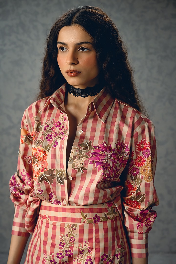 Pink Poplin Printed Skirt Set by Paulmi & Harsh at Pernia's Pop Up Shop