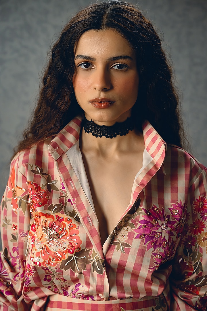 Pink Poplin Printed Skirt Set by Paulmi & Harsh at Pernia's Pop Up Shop