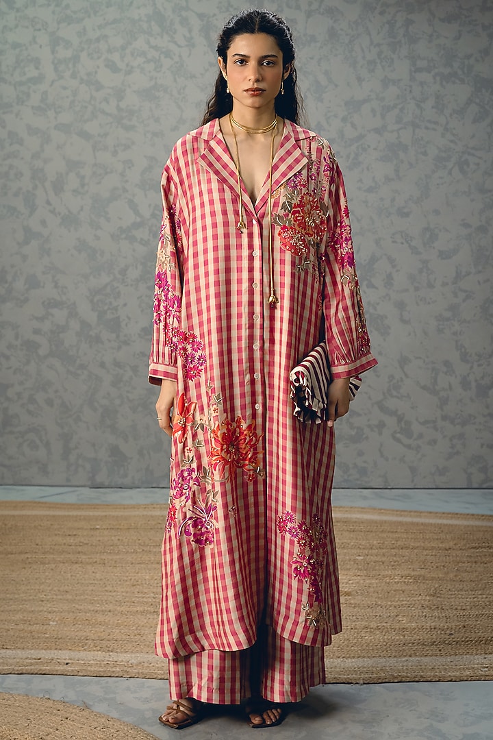 Pink Modal Silk Printed Kurta Set by Paulmi & Harsh at Pernia's Pop Up Shop