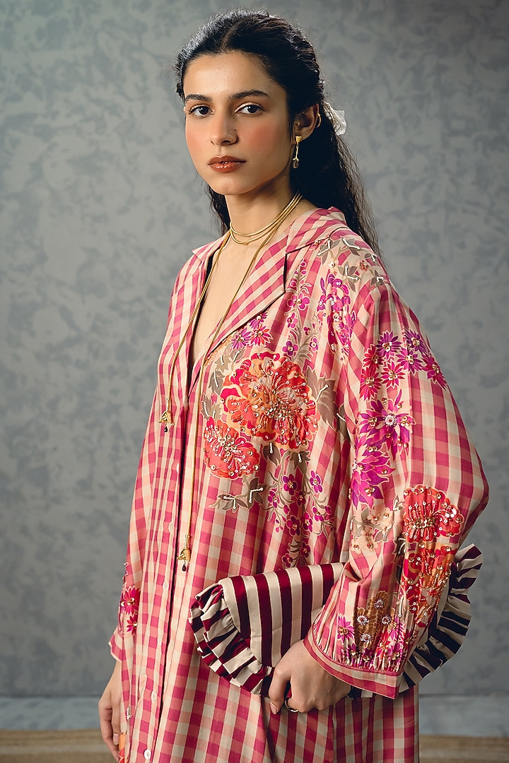 Pink Modal Silk Printed Kurta Set by Paulmi & Harsh at Pernia's Pop Up Shop