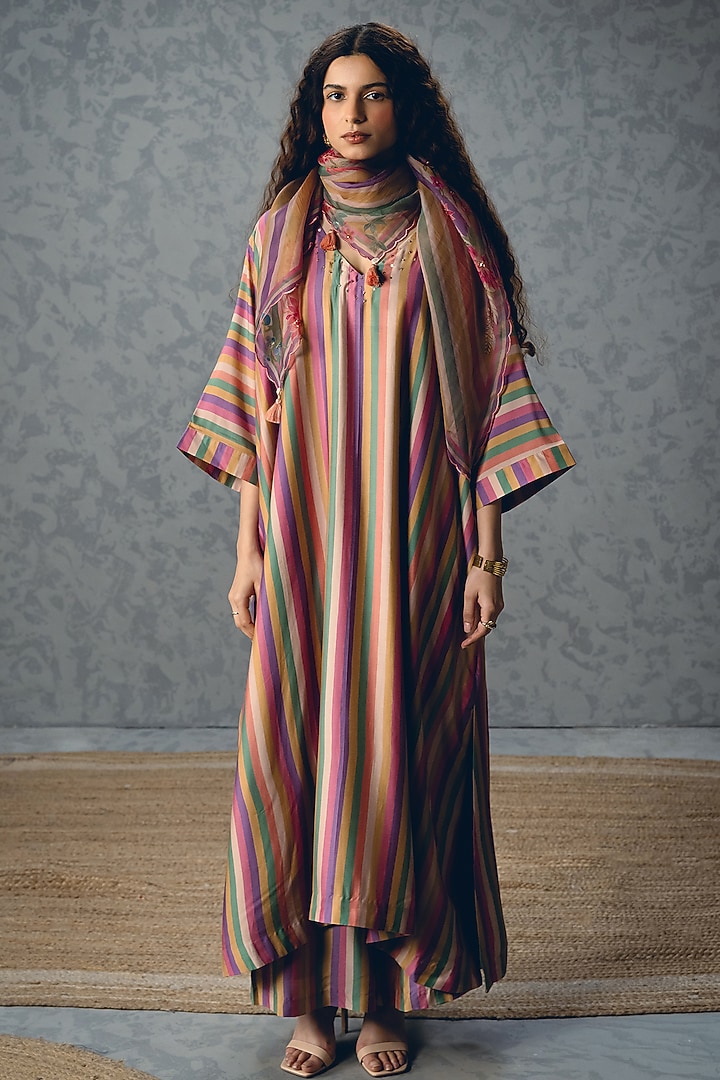 Multi-Colored Modal Silk Embroidered & Printed Kurta Set by Paulmi & Harsh at Pernia's Pop Up Shop