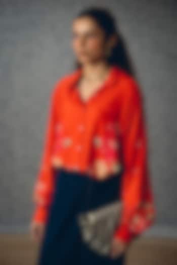 Rust Orange Cotton Silk Embroidered & Printed Shirt by Paulmi & Harsh at Pernia's Pop Up Shop