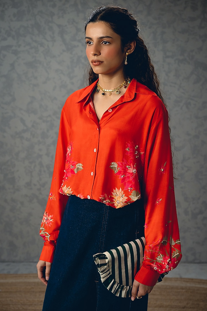 Rust Orange Cotton Silk Embroidered & Printed Shirt by Paulmi & Harsh at Pernia's Pop Up Shop