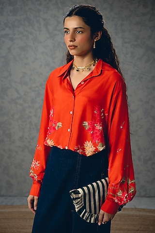 Rust Orange Cotton Silk Embroidered & Printed Shirt by Paulmi & Harsh