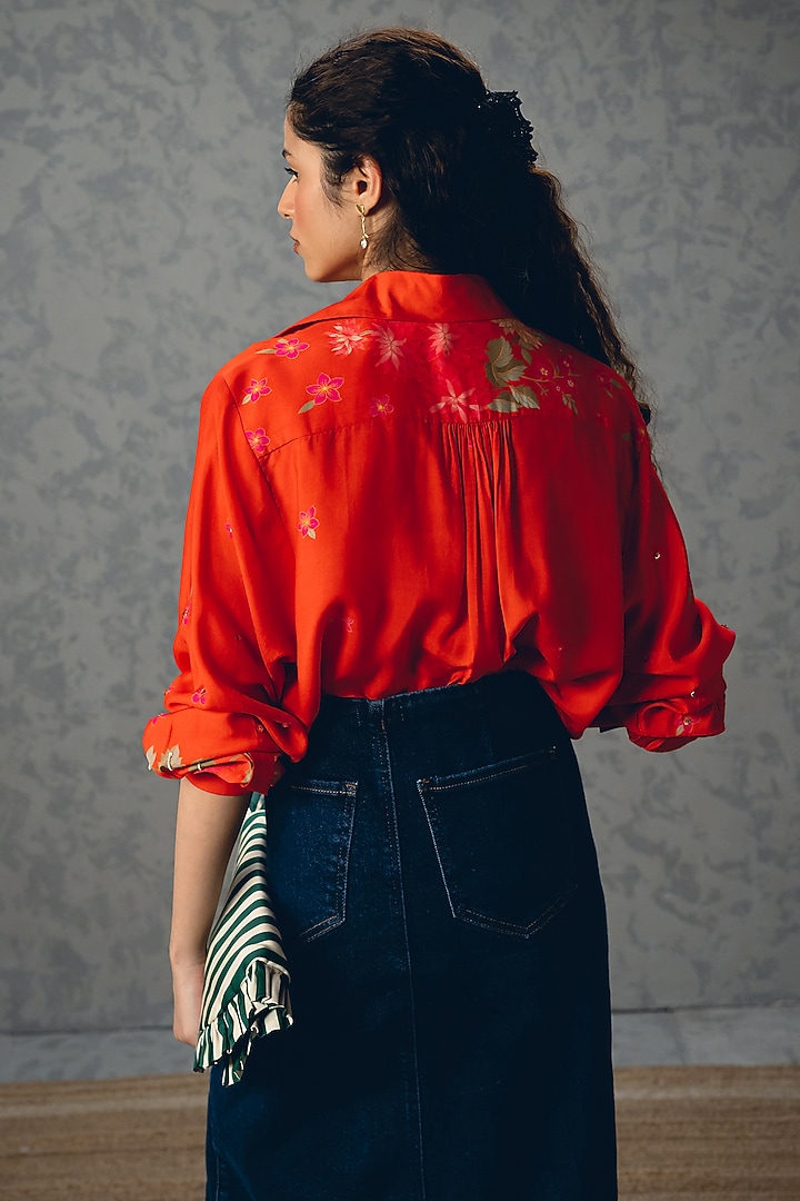Rust Orange Cotton Silk Embroidered & Printed Shirt by Paulmi & Harsh at Pernia's Pop Up Shop