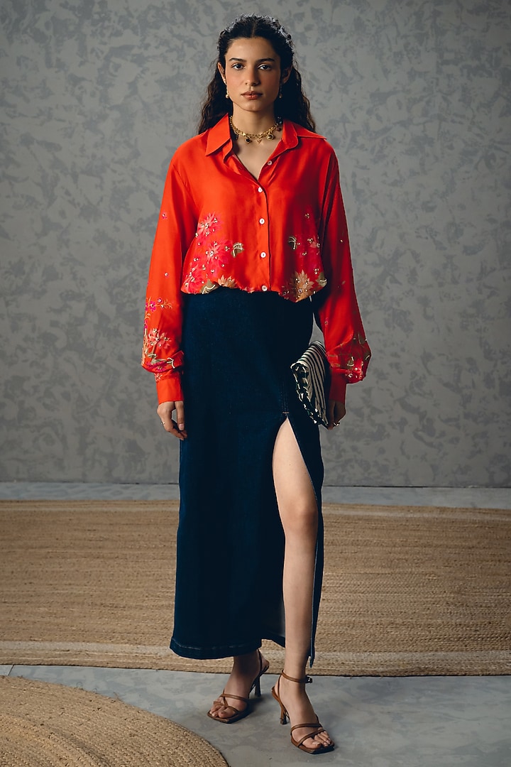 Rust Orange Cotton Silk Embroidered & Printed Shirt by Paulmi & Harsh at Pernia's Pop Up Shop