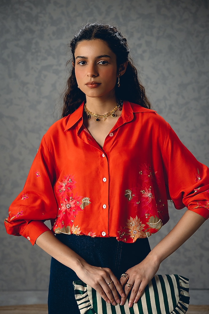 Rust Orange Cotton Silk Embroidered & Printed Shirt by Paulmi & Harsh at Pernia's Pop Up Shop