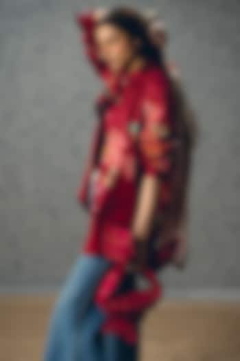 Burgundy Satin Lycra Floral Printed Shirt by Paulmi & Harsh at Pernia's Pop Up Shop