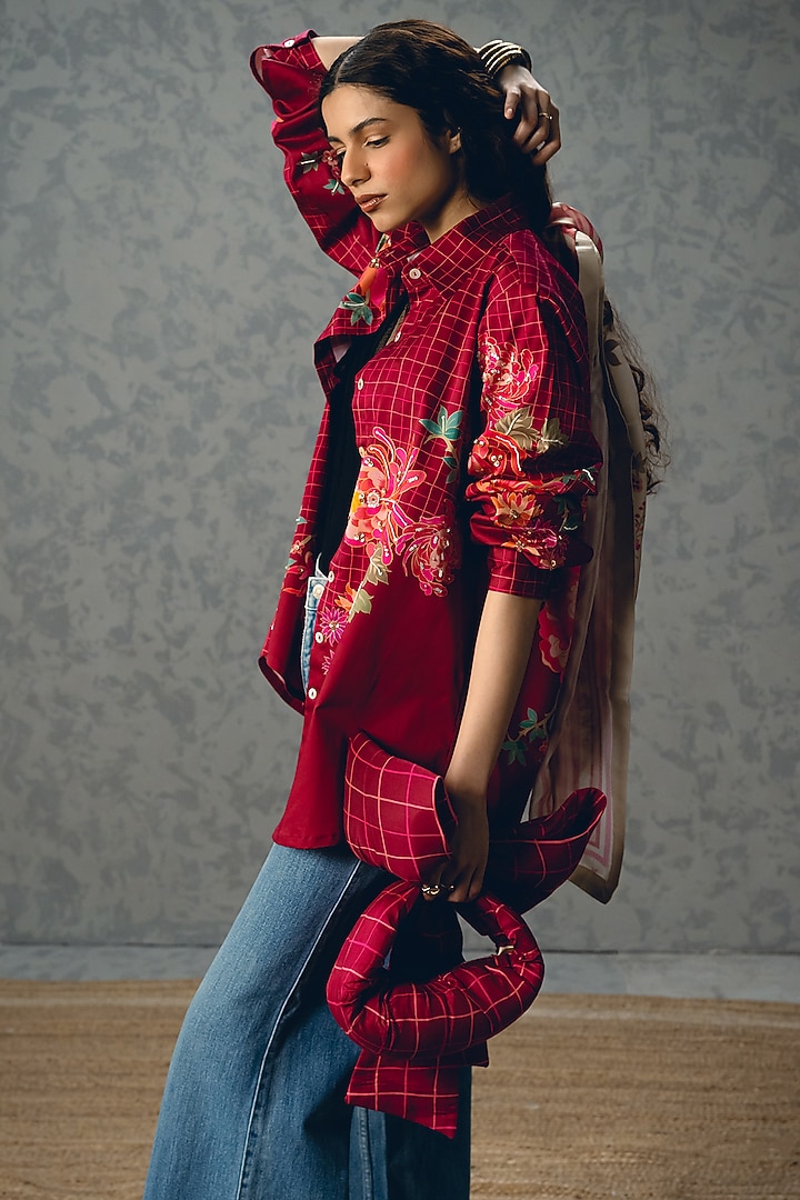 Burgundy Satin Lycra Floral Printed Shirt by Paulmi & Harsh at Pernia's Pop Up Shop