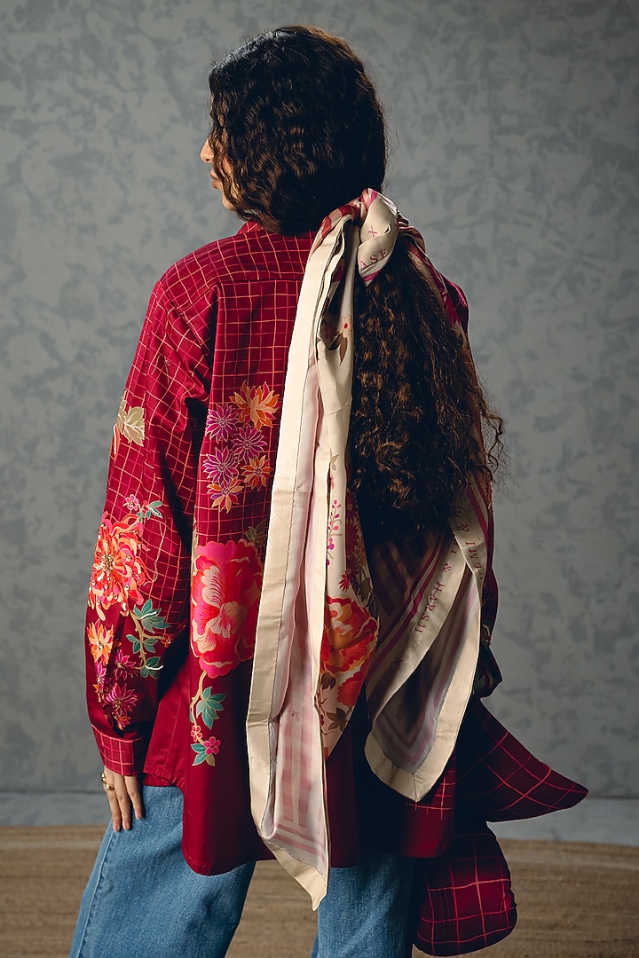 Burgundy Satin Lycra Floral Printed Shirt by Paulmi & Harsh at Pernia's Pop Up Shop