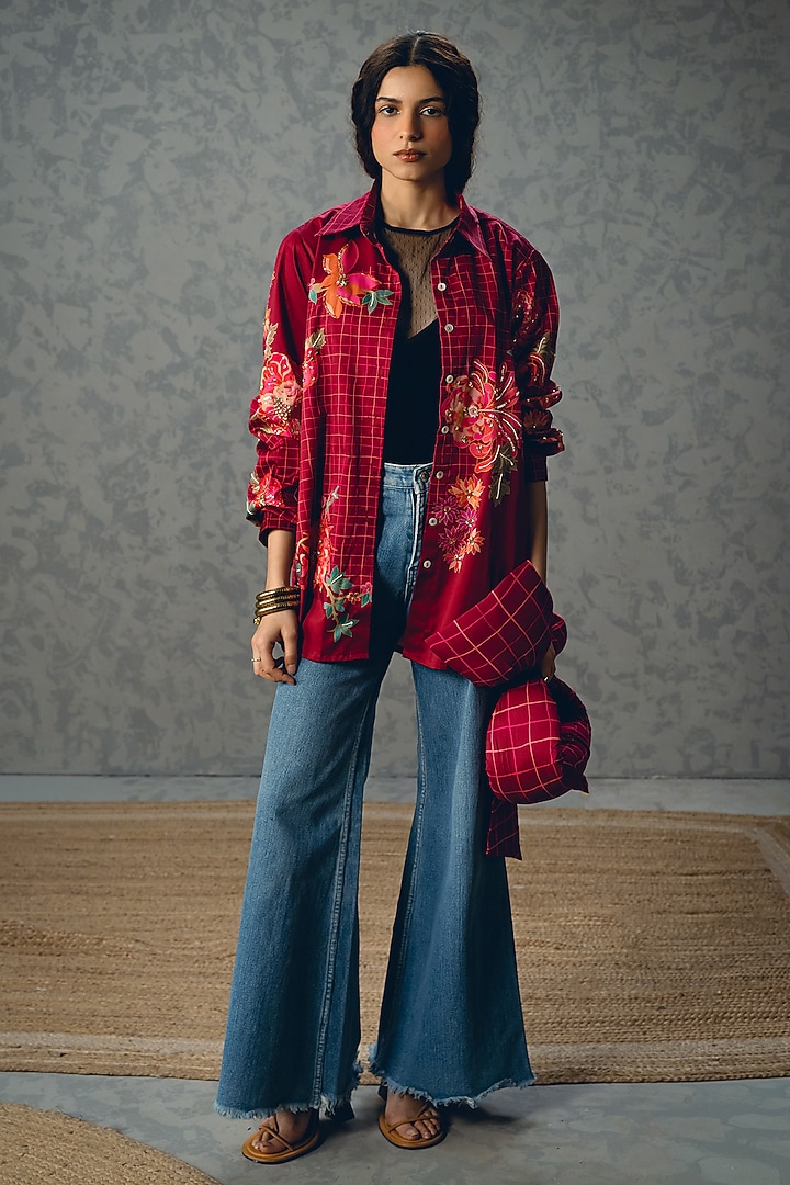 Burgundy Satin Lycra Floral Printed Shirt by Paulmi & Harsh at Pernia's Pop Up Shop