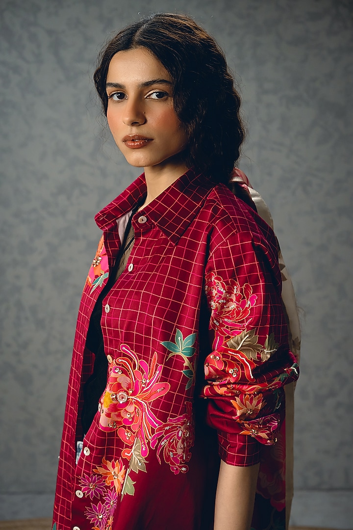 Burgundy Satin Lycra Floral Printed Shirt by Paulmi & Harsh at Pernia's Pop Up Shop
