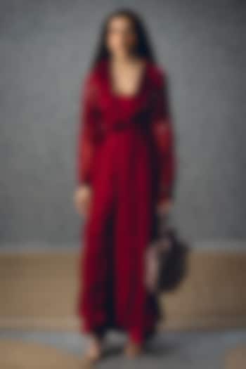 Burgundy Pure Organza Jacket Set by Paulmi & Harsh at Pernia's Pop Up Shop