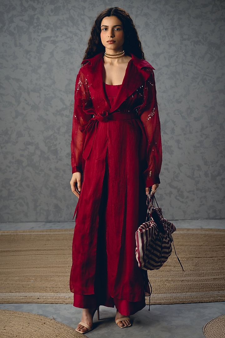 Burgundy Pure Organza Jacket Set by Paulmi & Harsh at Pernia's Pop Up Shop