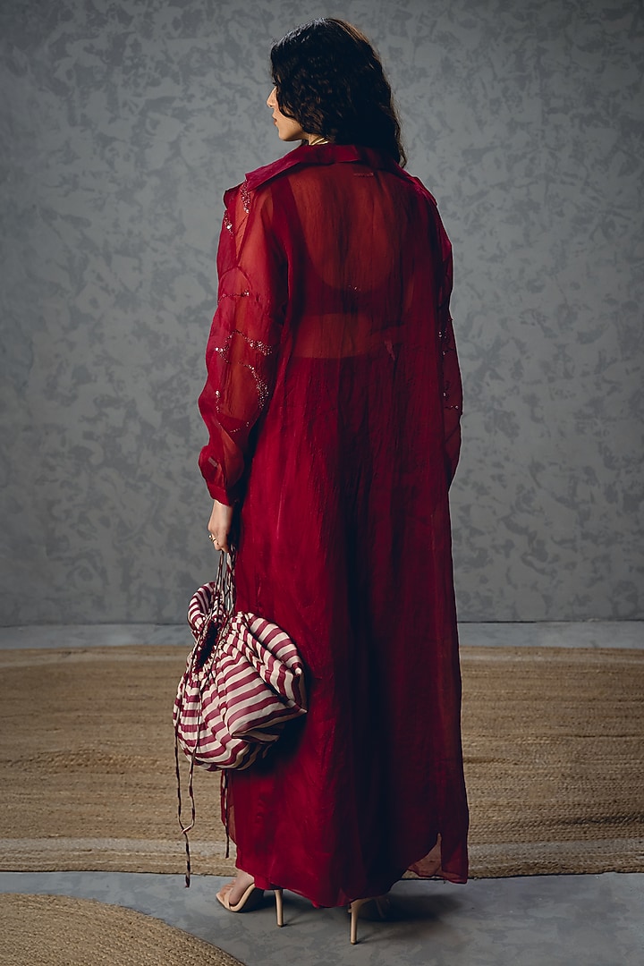 Burgundy Pure Organza Jacket Set by Paulmi & Harsh at Pernia's Pop Up Shop