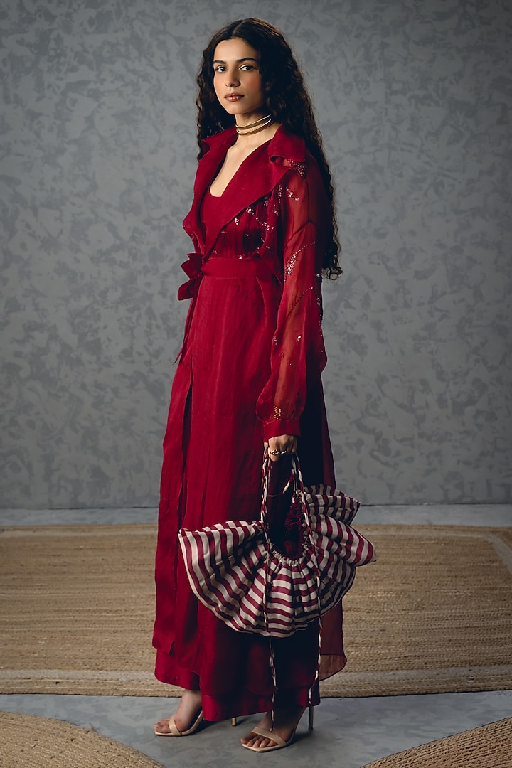 Burgundy Pure Organza Jacket Set by Paulmi & Harsh at Pernia's Pop Up Shop