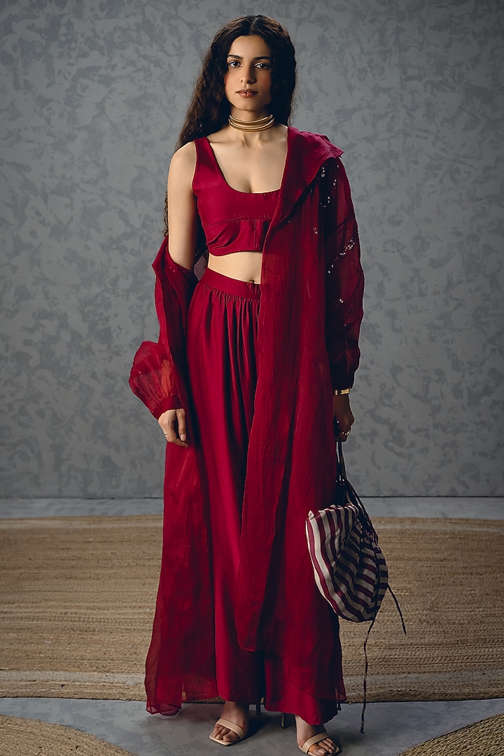 Burgundy Pure Organza Jacket Set by Paulmi & Harsh at Pernia's Pop Up Shop