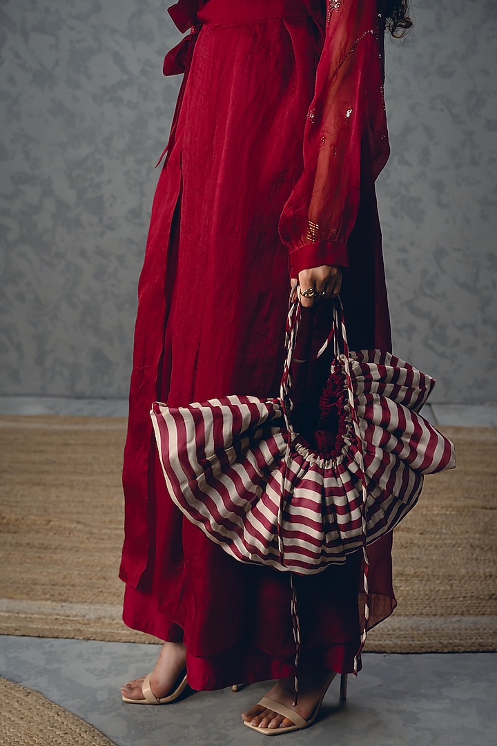 Burgundy Pure Organza Jacket Set by Paulmi & Harsh at Pernia's Pop Up Shop