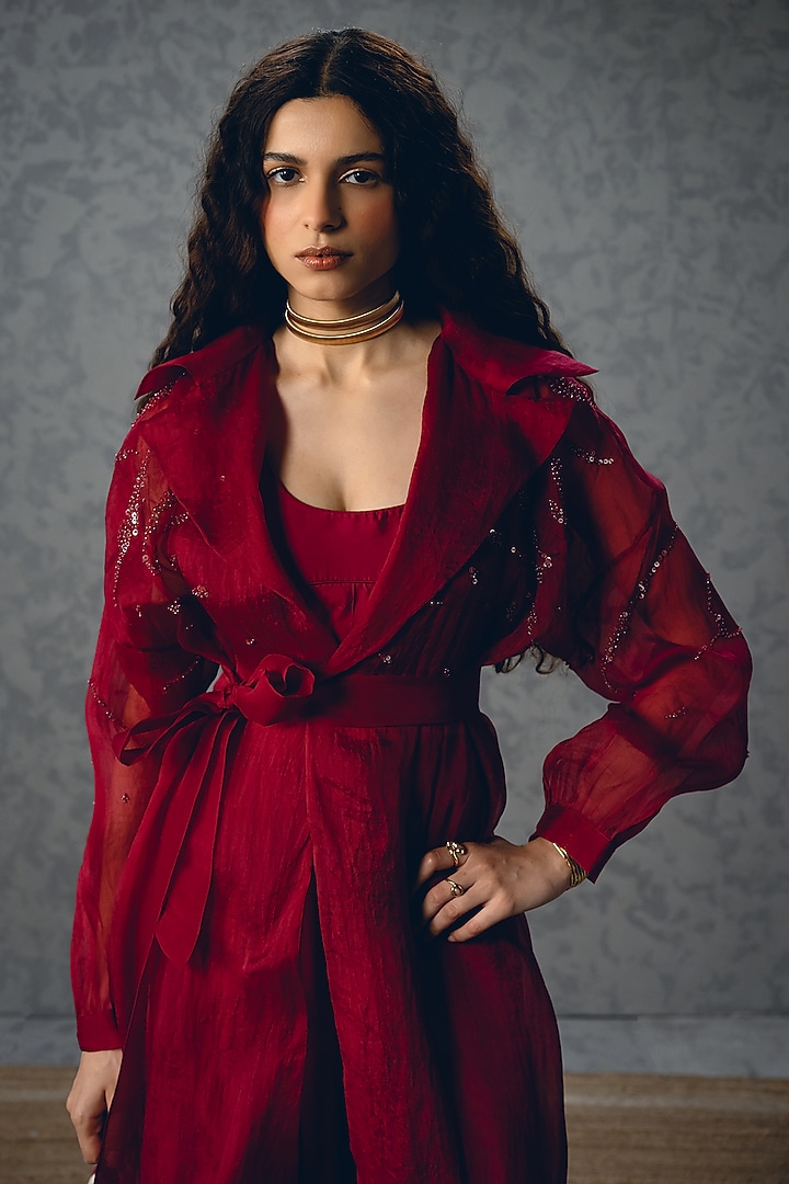 Burgundy Pure Organza Jacket Set by Paulmi & Harsh at Pernia's Pop Up Shop