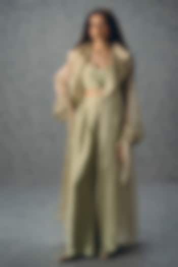 Sea Green Pure Organza Thread Embroidered Jacket Set by Paulmi & Harsh at Pernia's Pop Up Shop