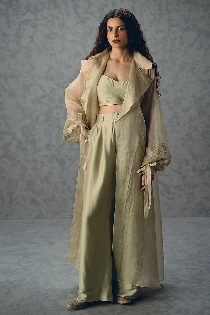 Sea Green Pure Organza Thread Embroidered Jacket Set by Paulmi & Harsh at Pernia's Pop Up Shop