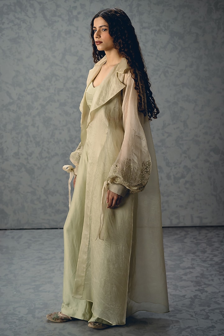 Sea Green Pure Organza Thread Embroidered Jacket Set by Paulmi & Harsh at Pernia's Pop Up Shop