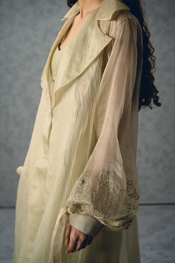 Sea Green Pure Organza Thread Embroidered Jacket Set by Paulmi & Harsh at Pernia's Pop Up Shop