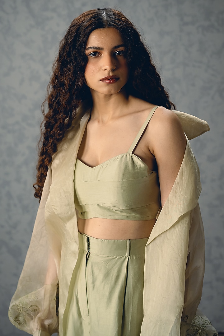 Sea Green Pure Organza Thread Embroidered Jacket Set by Paulmi & Harsh at Pernia's Pop Up Shop