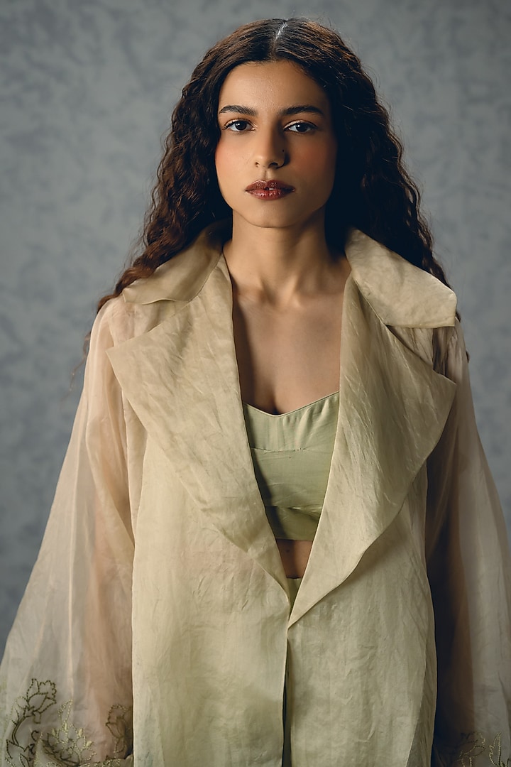 Sea Green Pure Organza Thread Embroidered Jacket Set by Paulmi & Harsh at Pernia's Pop Up Shop