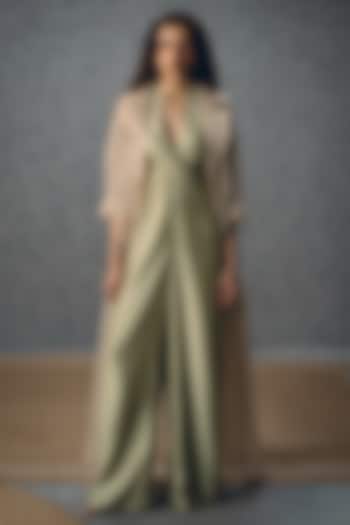 Mint Green Modal Silk Halter Jumpsuit With Jacket by Paulmi & Harsh at Pernia's Pop Up Shop