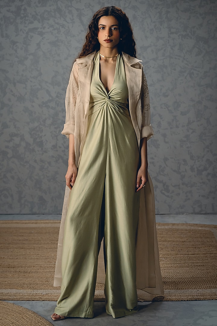 Mint Green Modal Silk Halter Jumpsuit With Jacket by Paulmi & Harsh at Pernia's Pop Up Shop