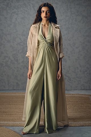 Mint Green Modal Silk Halter Jumpsuit With Jacket by Paulmi & Harsh