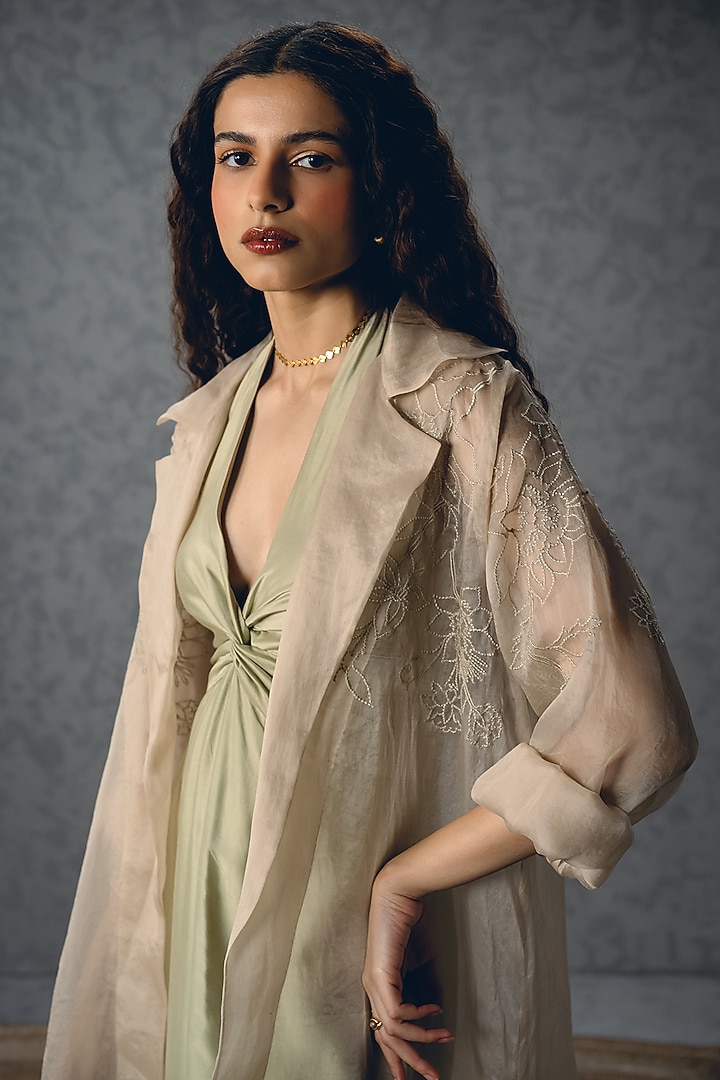Mint Green Modal Silk Halter Jumpsuit With Jacket by Paulmi & Harsh at Pernia's Pop Up Shop