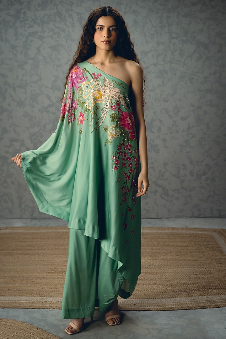 Sky Blue Modal Silk Floral Printed One-Shoulder Tunic Set by Paulmi & Harsh at Pernia's Pop Up Shop