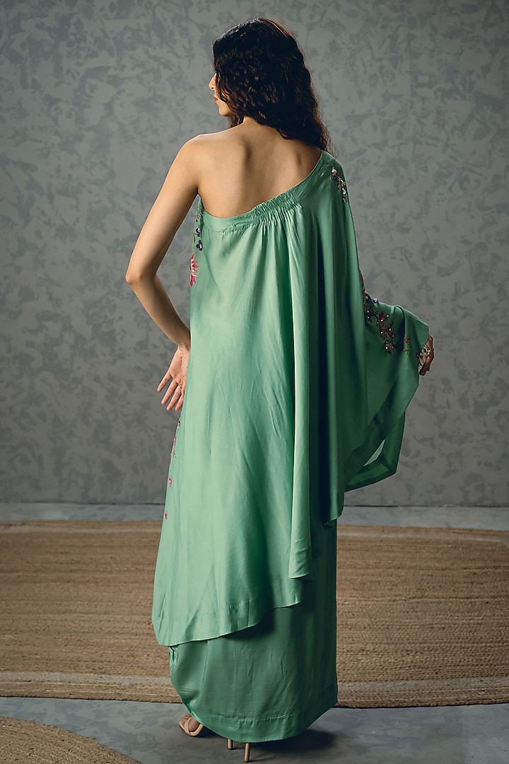 Sky Blue Modal Silk Floral Printed One-Shoulder Tunic Set by Paulmi & Harsh at Pernia's Pop Up Shop