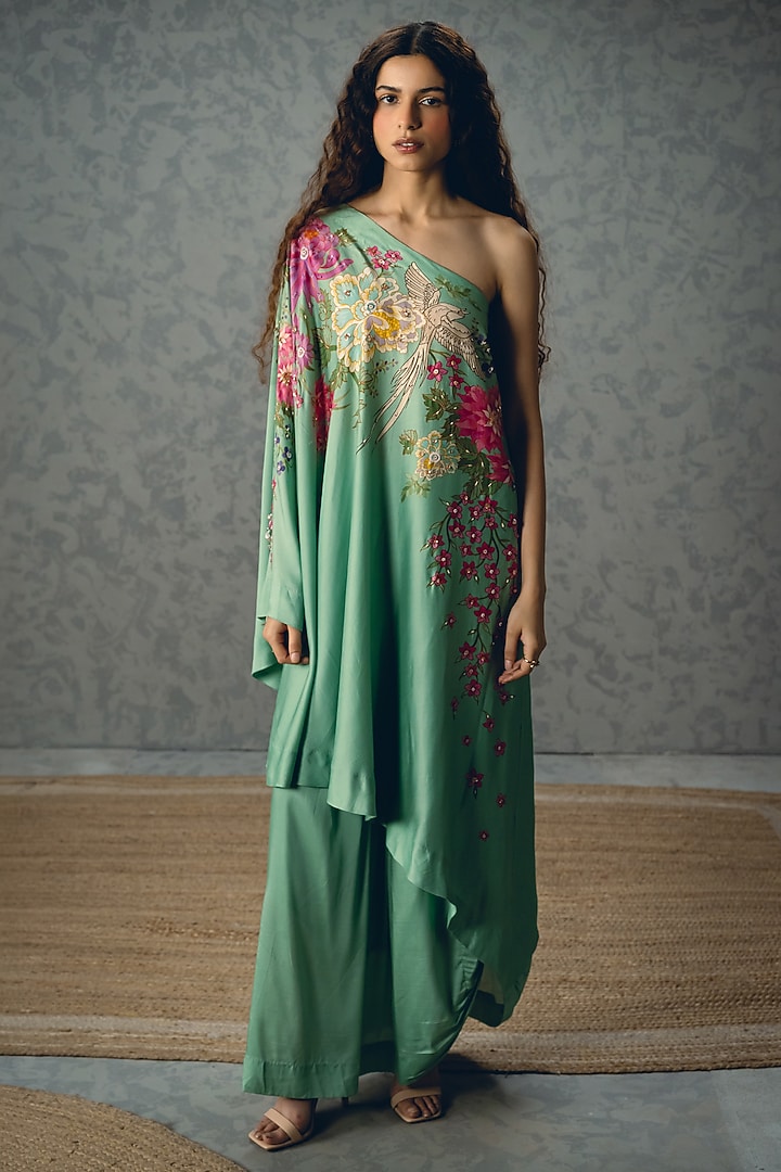 Sky Blue Modal Silk Floral Printed One-Shoulder Tunic Set by Paulmi & Harsh at Pernia's Pop Up Shop