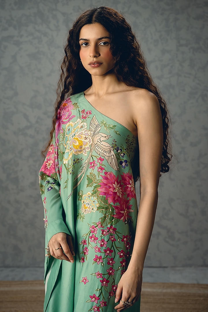 Sky Blue Modal Silk Floral Printed One-Shoulder Tunic Set by Paulmi & Harsh at Pernia's Pop Up Shop