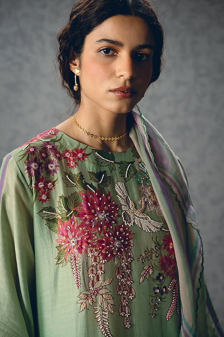 Sky Blue Chiniya Silk Floral Printed Kurta Set by Paulmi & Harsh at Pernia's Pop Up Shop