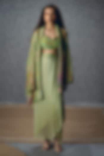 Green Silk Organza Floral Printed Pleated Jacket Set by Paulmi & Harsh at Pernia's Pop Up Shop