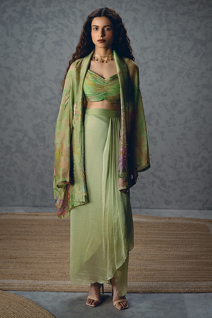 Green Silk Organza Floral Printed Pleated Jacket Set by Paulmi & Harsh at Pernia's Pop Up Shop