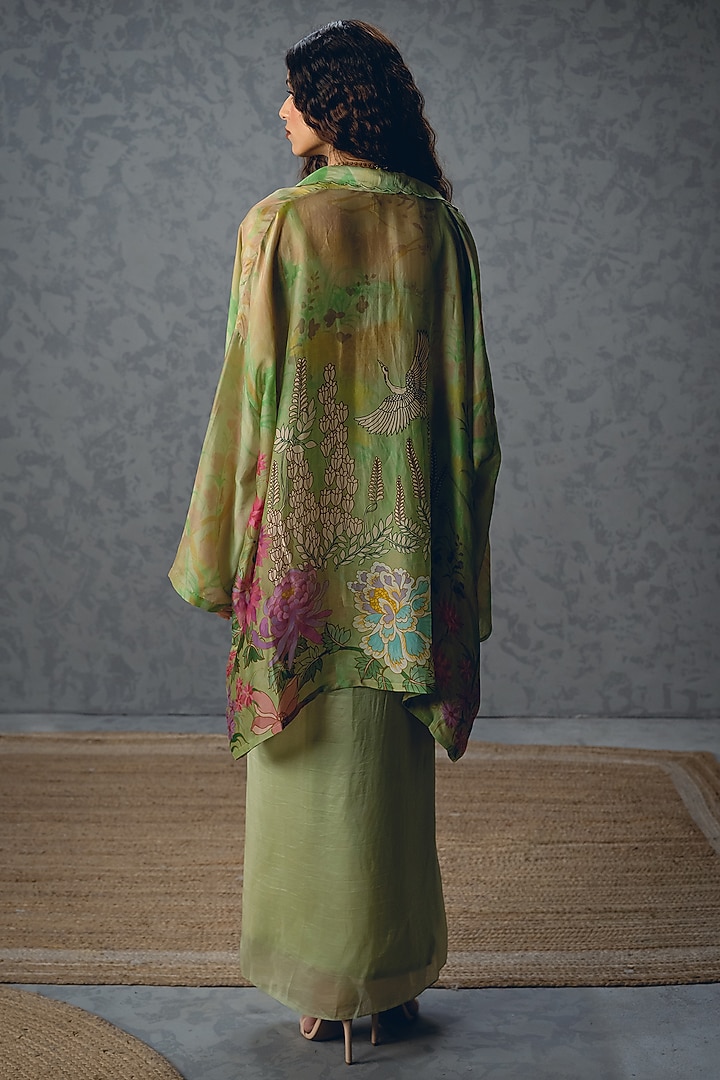 Green Silk Organza Floral Printed Pleated Jacket Set by Paulmi & Harsh at Pernia's Pop Up Shop