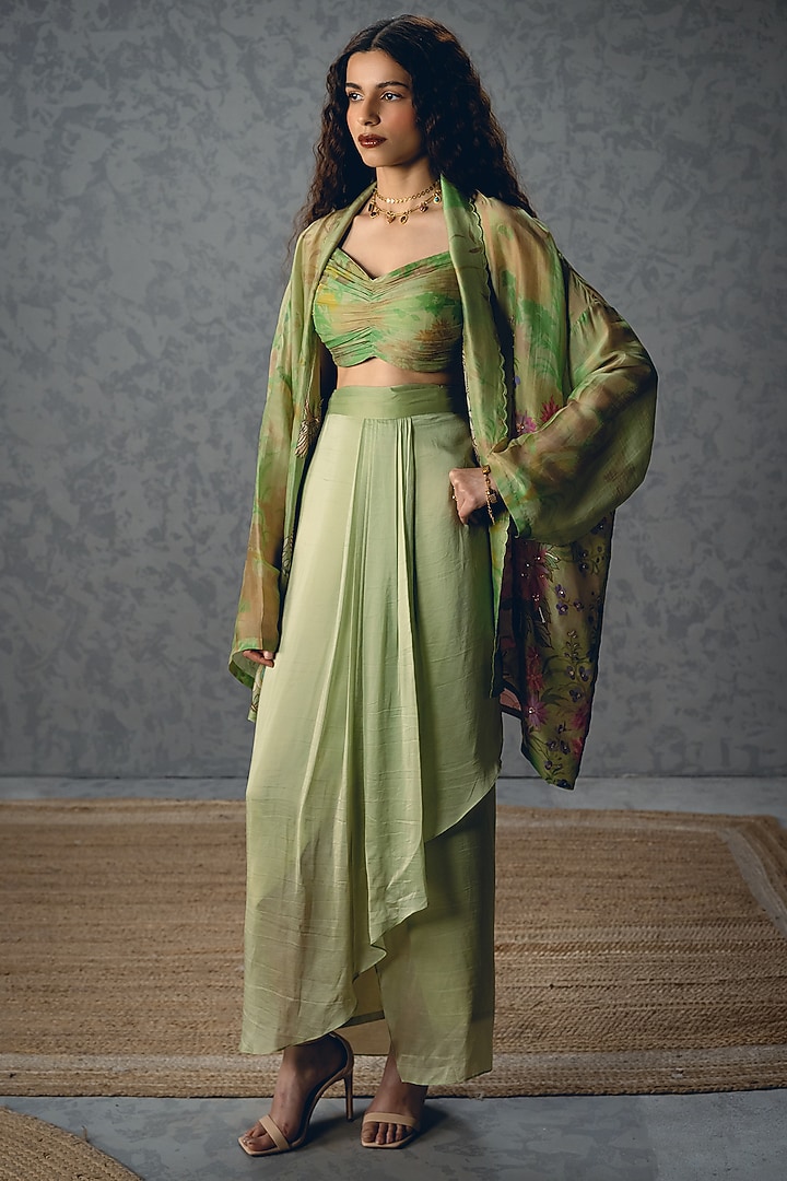 Green Silk Organza Floral Printed Pleated Jacket Set by Paulmi & Harsh at Pernia's Pop Up Shop