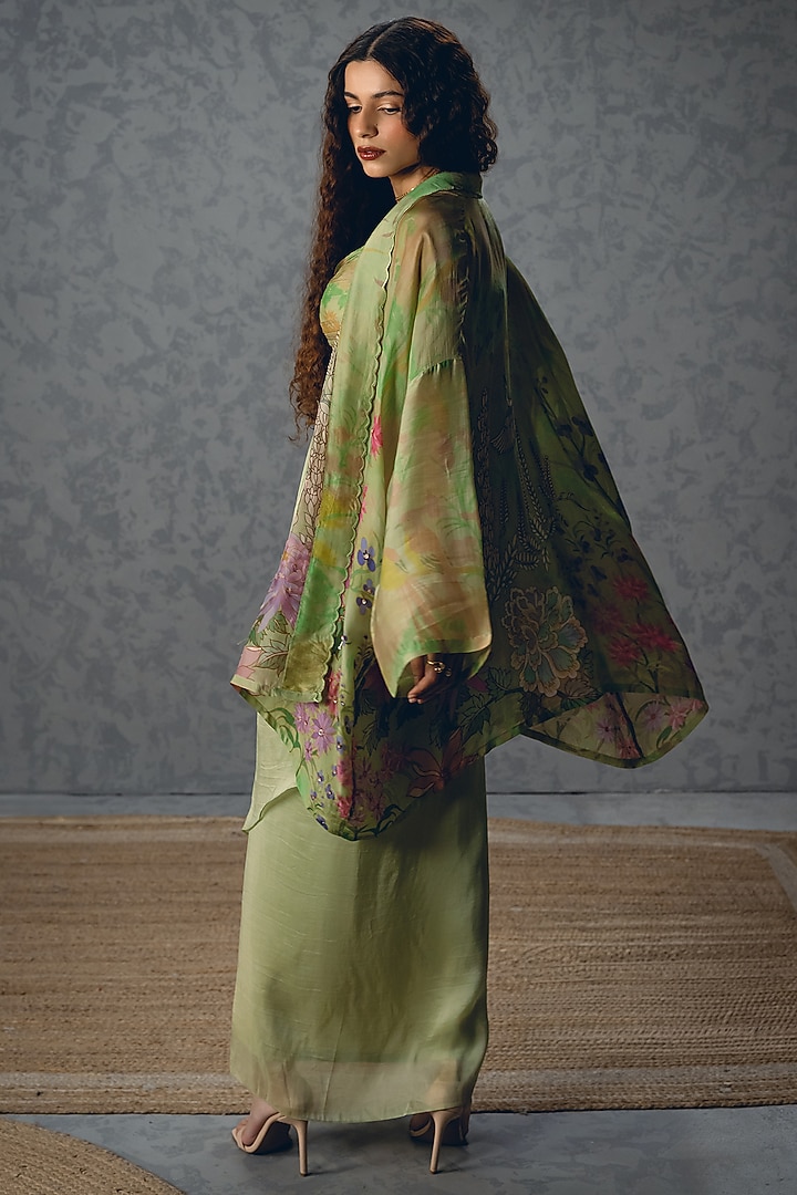 Green Silk Organza Floral Printed Pleated Jacket Set by Paulmi & Harsh at Pernia's Pop Up Shop