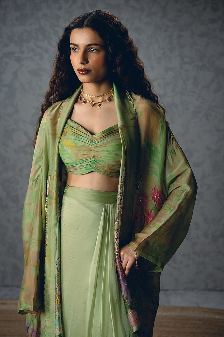 Green Silk Organza Floral Printed Pleated Jacket Set by Paulmi & Harsh at Pernia's Pop Up Shop